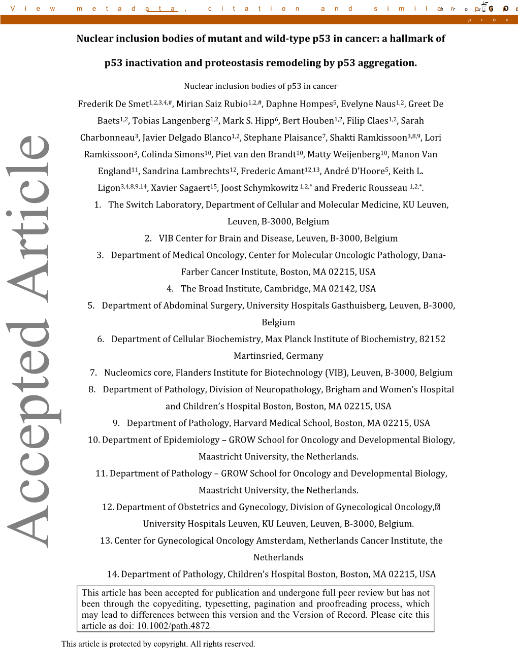 Nuclear Inclusion Bodies of Mutant and Wild-Type P53 in Cancer: a Hallmark Of