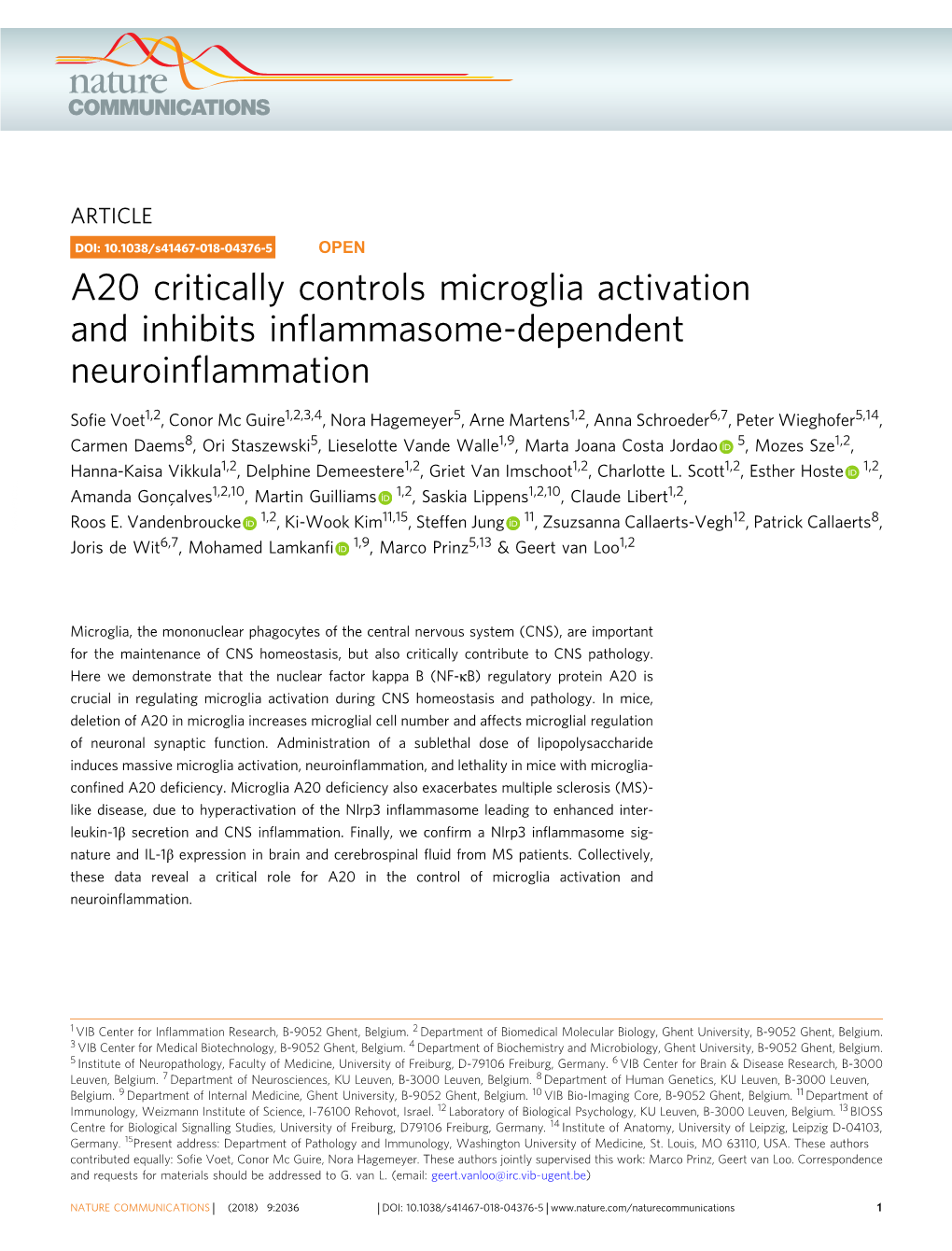 A20 Critically Controls Microglia Activation and Inhibits Inﬂammasome-Dependent Neuroinﬂammation