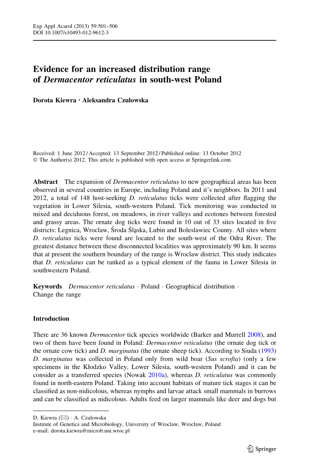 Evidence for an Increased Distribution Range of Dermacentor Reticulatus in South-West Poland