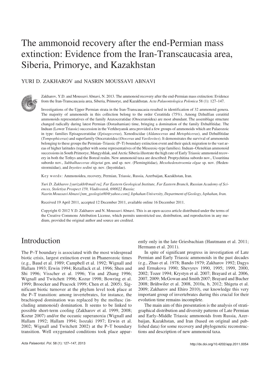 The Ammonoid Recovery After the End−Permian Mass Extinction: Evidence from the Iran−Transcaucasia Area, Siberia, Primorye, and Kazakhstan