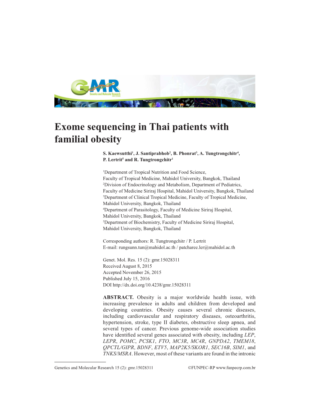 Exome Sequencing in Thai Patients with Familial Obesity