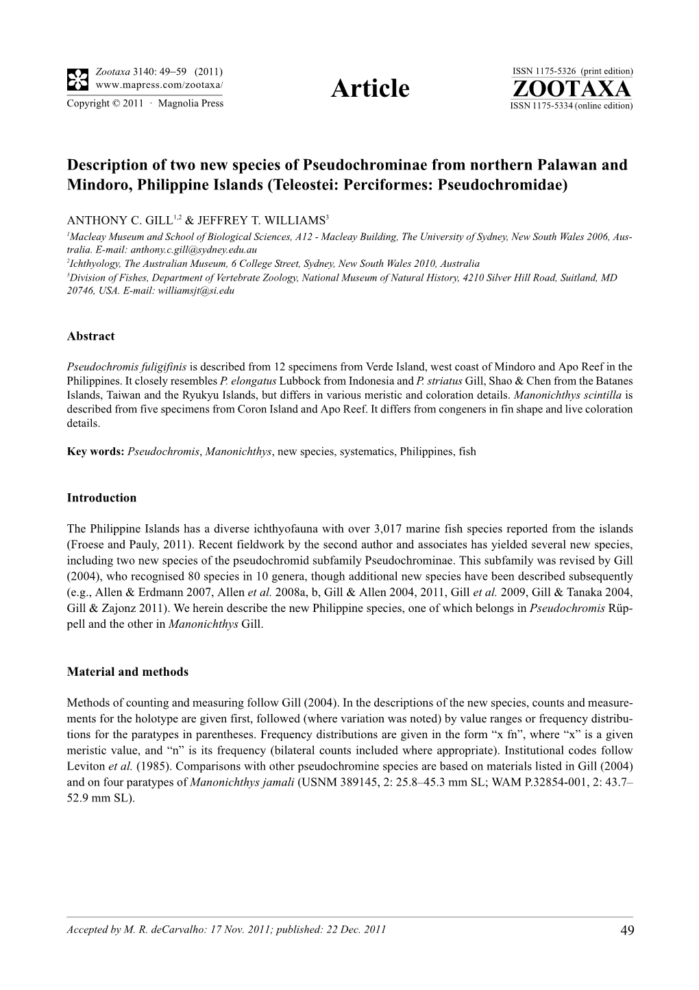 Description of Two New Species of Pseudochrominae from Northern Palawan and Mindoro, Philippine Islands (Teleostei: Perciformes: Pseudochromidae)