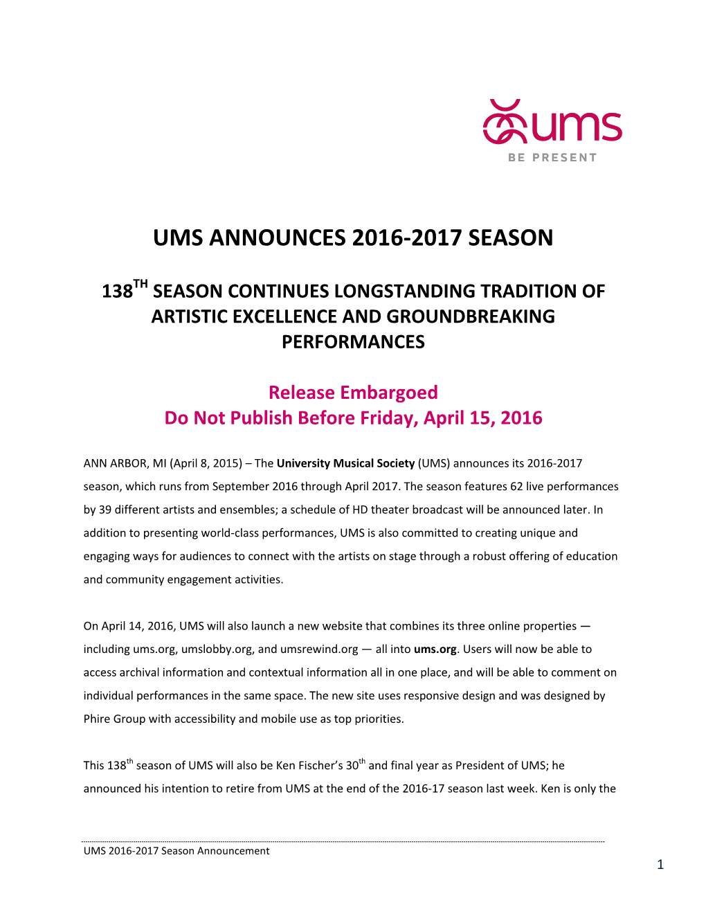 Ums Announces 2016-2017 Season