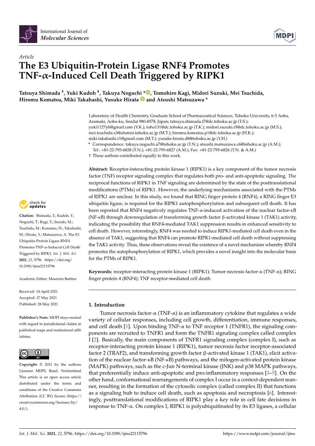 The E3 Ubiquitin-Protein Ligase RNF4 Promotes TNF–Induced Cell Death