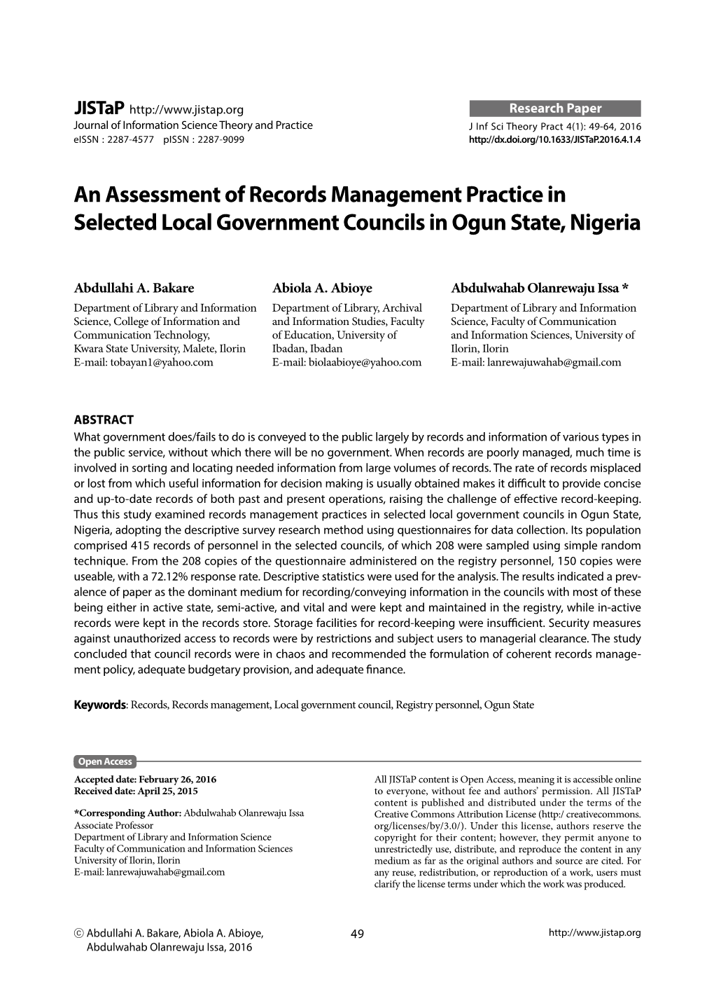 An Assessment of Records Management Practice in Selected Local Government Councils in Ogun State, Nigeria