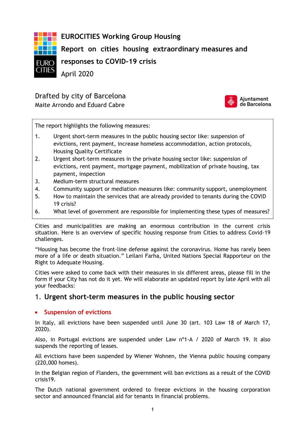 EUROCITIES Working Group Housing Report on Cities Housing Extraordinary Measures and Responses to COVID-19 Crisis April 2020