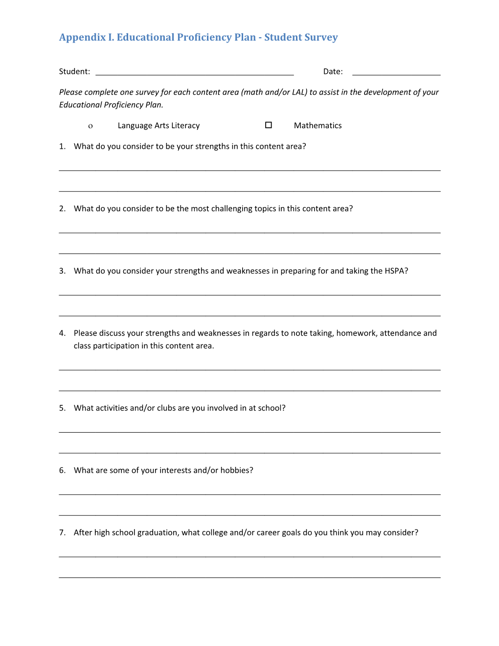 Appendix I. Educational Proficiency Plan - Student Survey