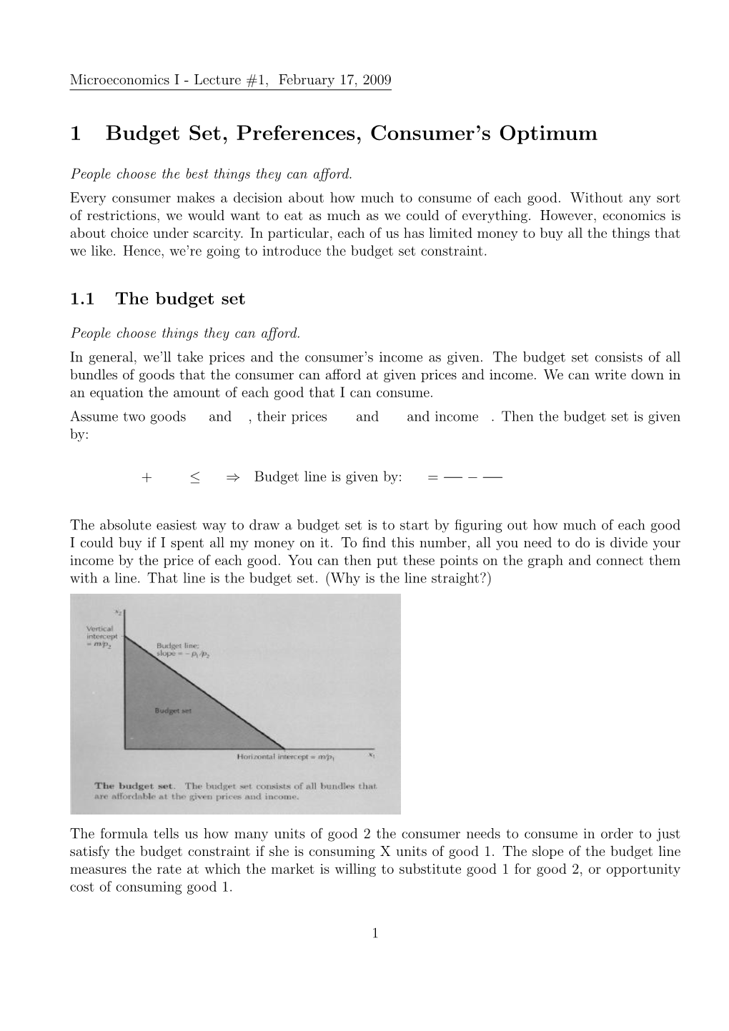 1 Budget Set, Preferences, Consumer's Optimum