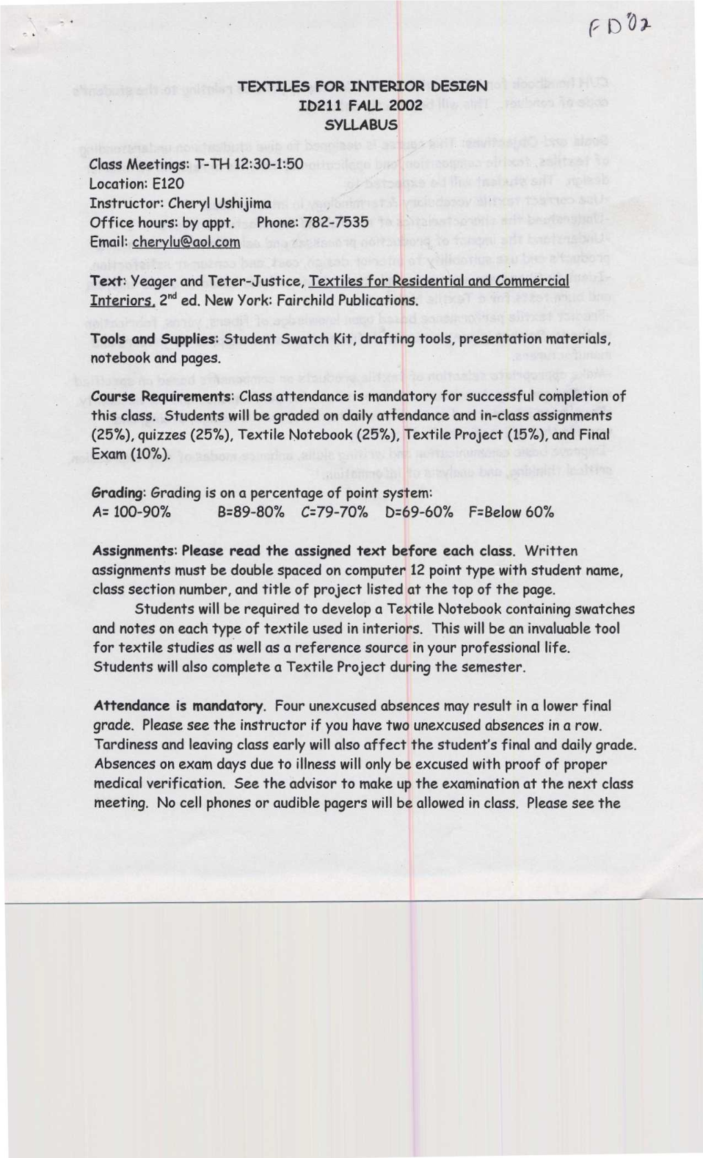 Textiles for Interior Design 10211 Fall 2002 Syllabus