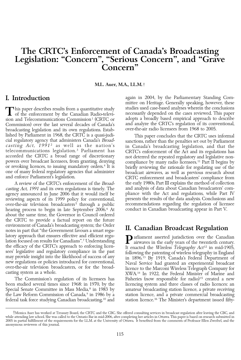 The CRTC's Enforcement of Canada's Broadcasting Legislation: ''Concern