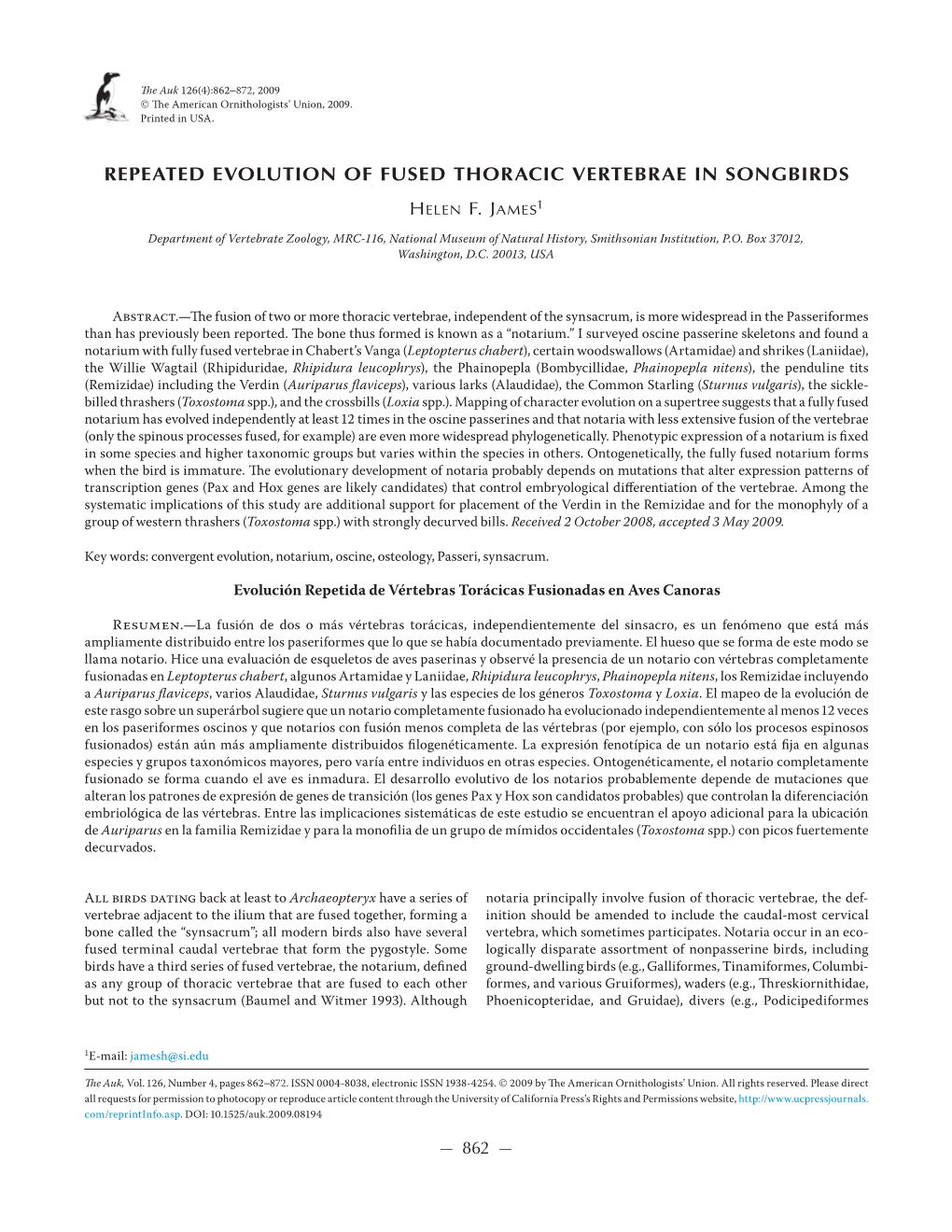 Repeated Evolution of Fused Thoracic Vertebrae in Songbirds