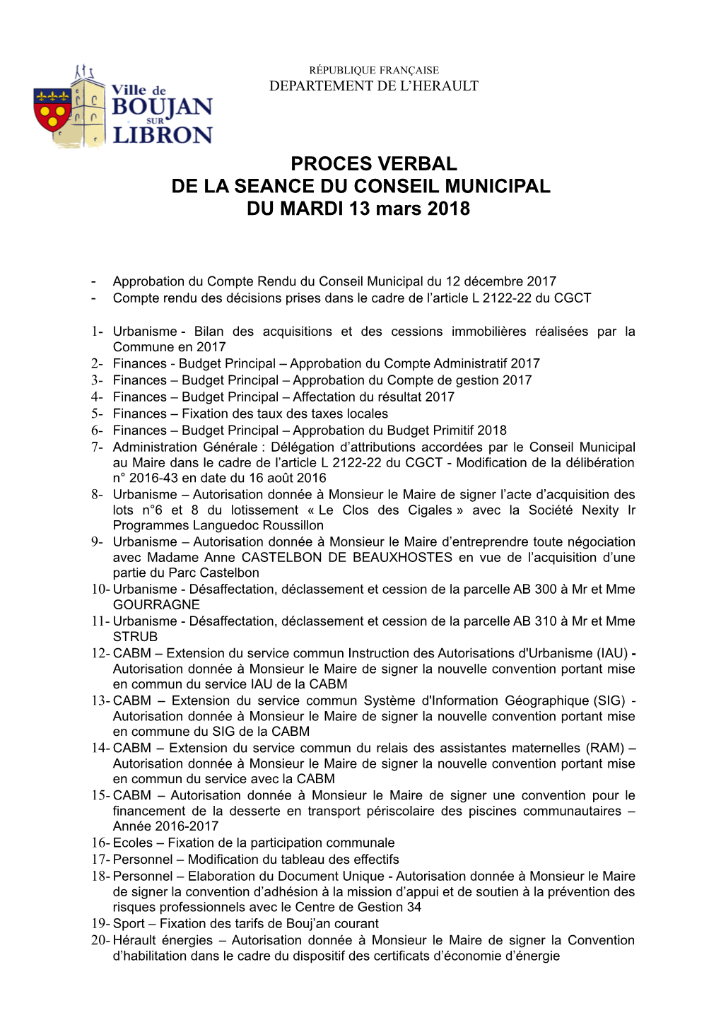 PROCES VERBAL DE LA SEANCE DU CONSEIL MUNICIPAL DU MARDI 13 Mars 2018