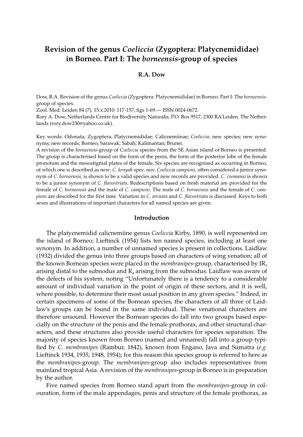 Revision of the Genus Coeliccia (Zygoptera: Platycnemididae) in Borneo