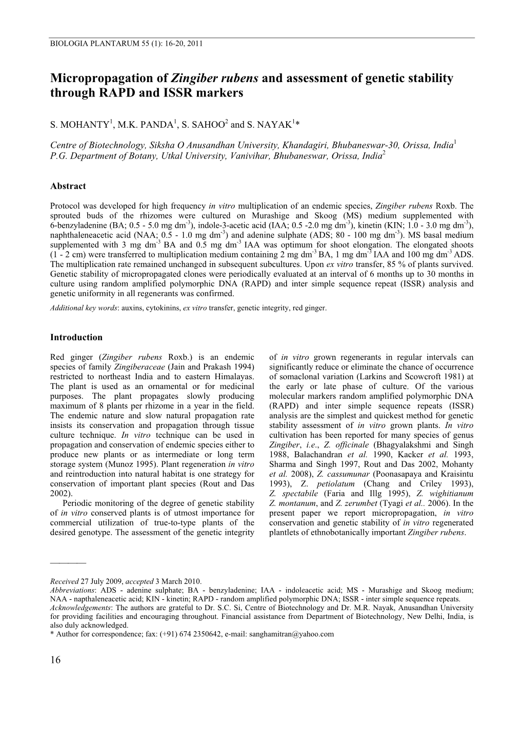 Micropropagation of Zingiber Rubens and Assessment of Genetic Stability Through RAPD and ISSR Markers