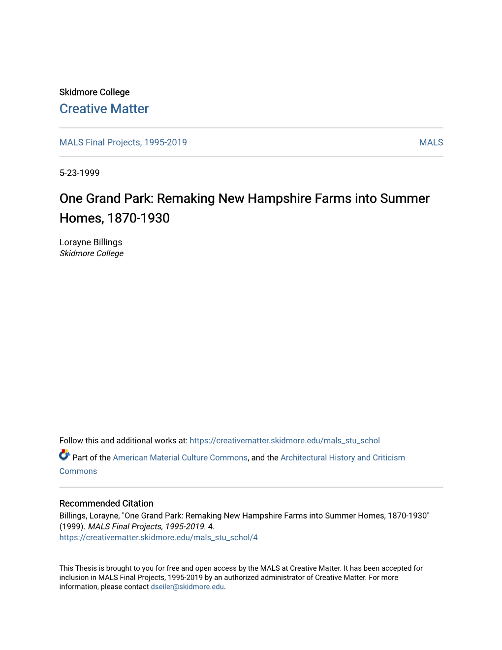 One Grand Park: Remaking New Hampshire Farms Into Summer Homes, 1870-1930