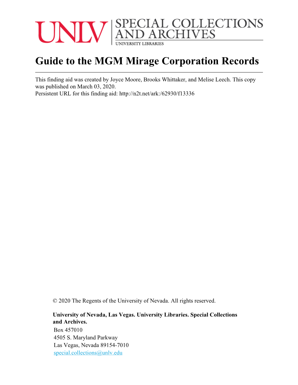 Guide to the MGM Mirage Corporation Records