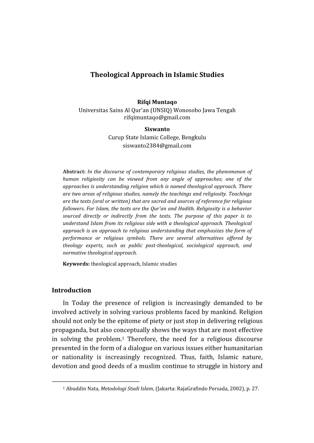 Theological Approach in Islamic Studies