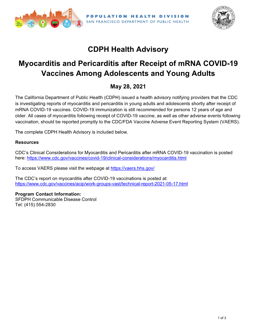 CDPH Health Advisory Myocarditis and Pericarditis After Receipt of Mrna COVID-19 Vaccines Among Adolescents and Young Adults