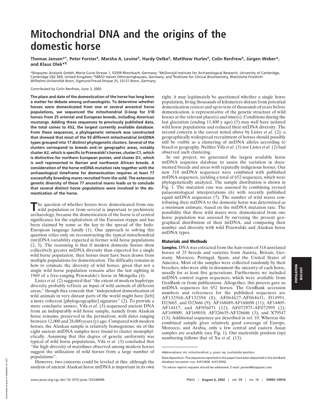 Mitochondrial DNA and the Origins of the Domestic Horse