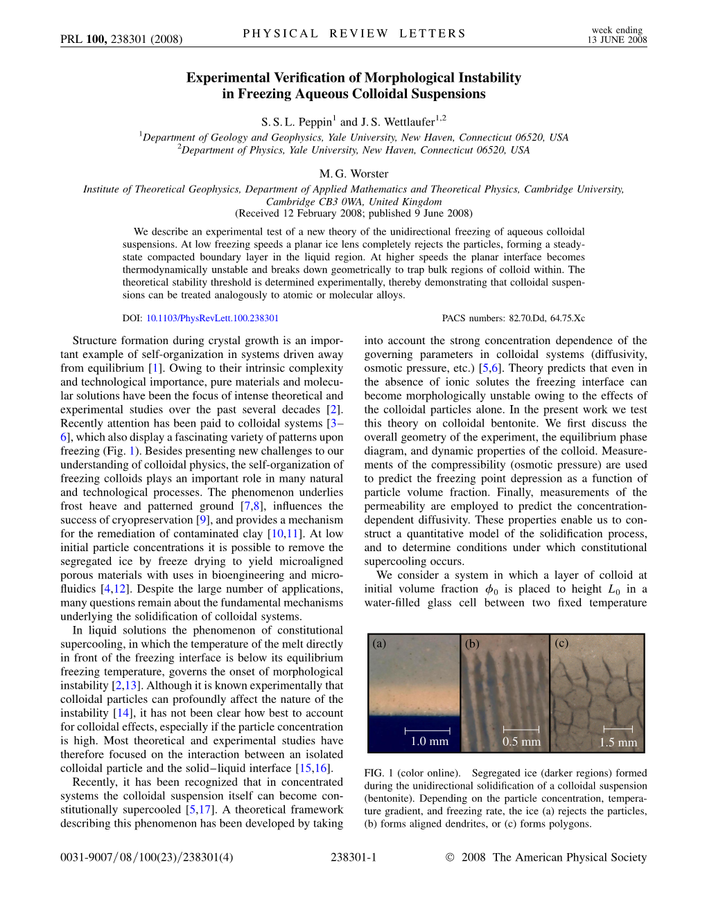 Experimental Verification of Morphological Instability In