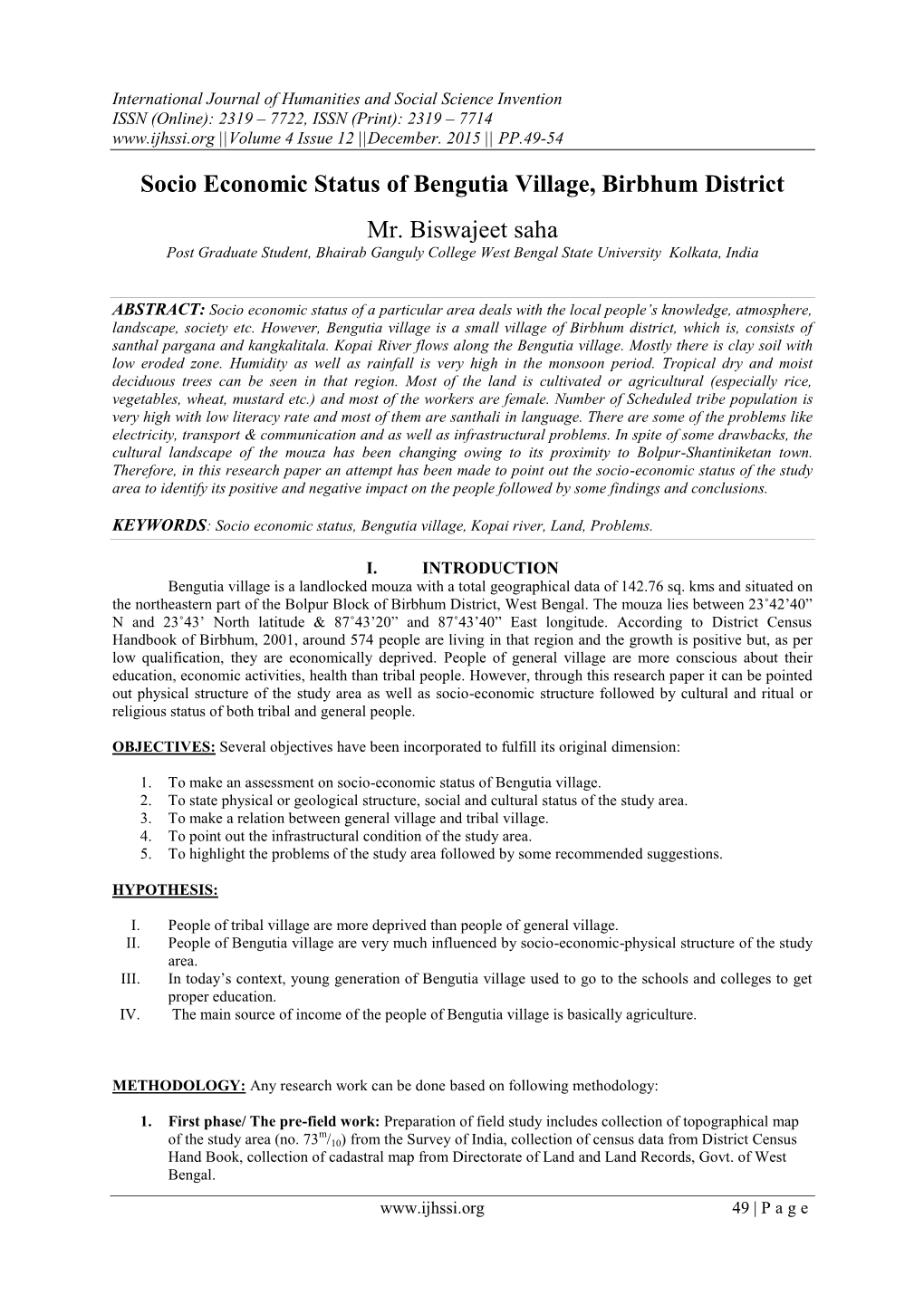 Socio Economic Status of Bengutia Village, Birbhum District Mr