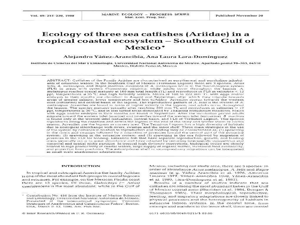 Ecology of Three Sea Catfishes (Ariidae) in a Tropical Coastal Ecosystem - Southern Gulf of Mexico*