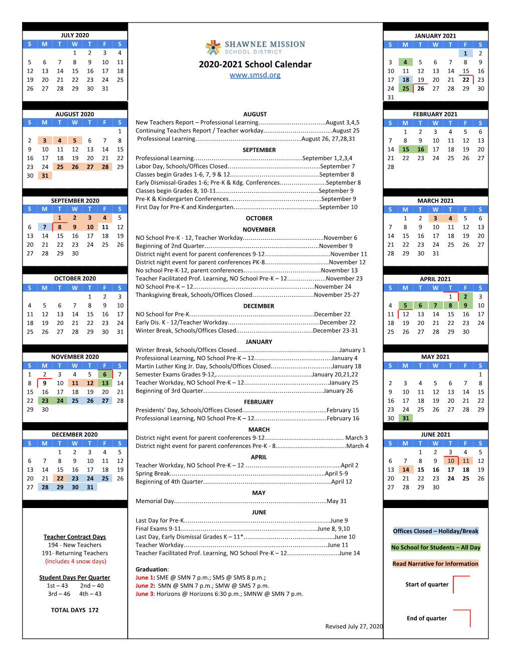 2020-2021 School Calendar