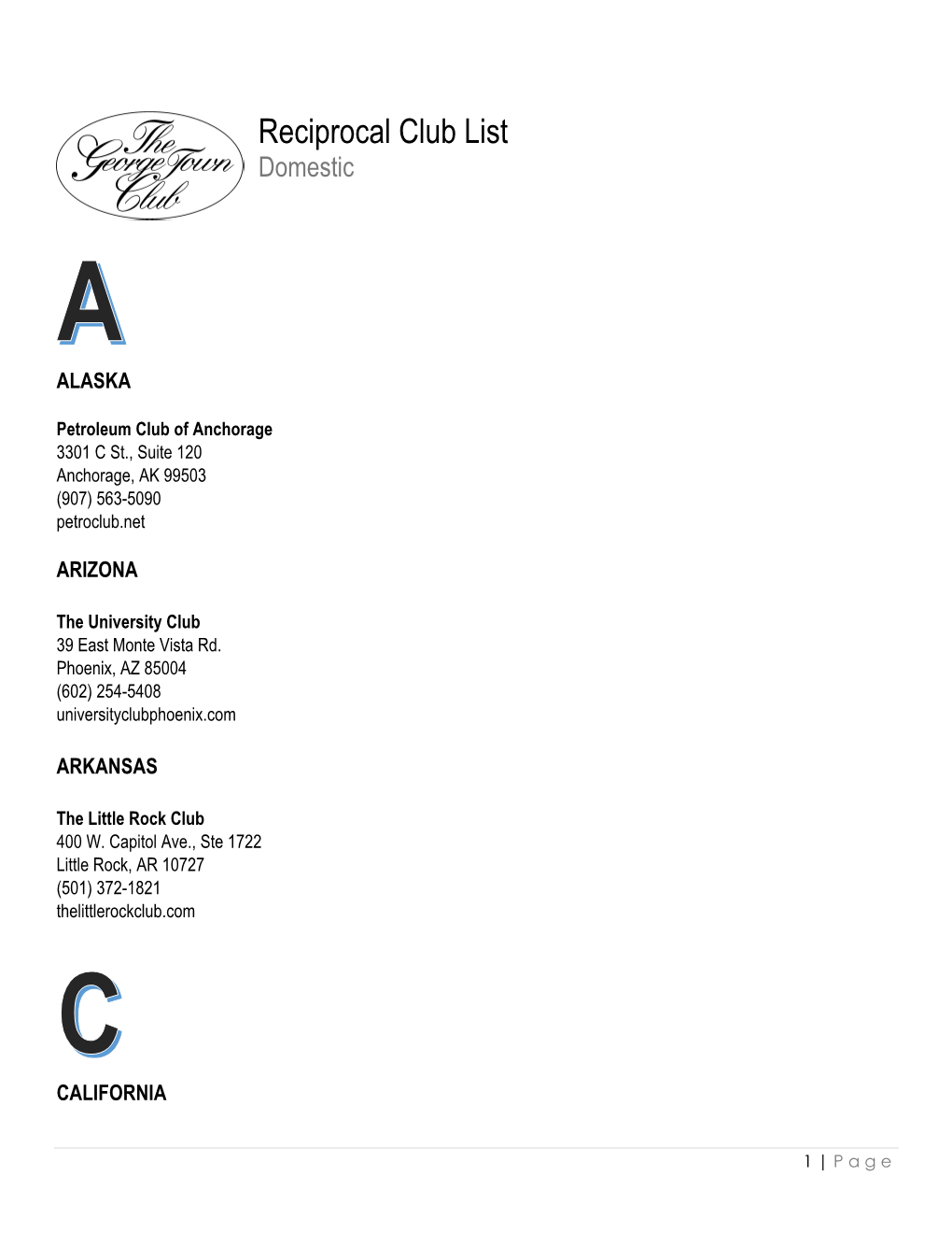 Reciprocal Club List Domestic