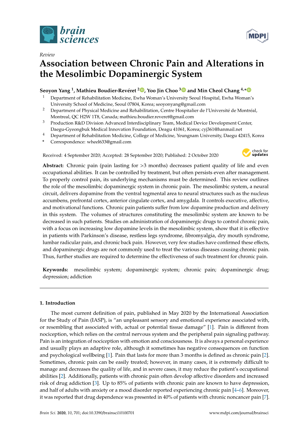 Association Between Chronic Pain and Alterations in the Mesolimbic Dopaminergic System