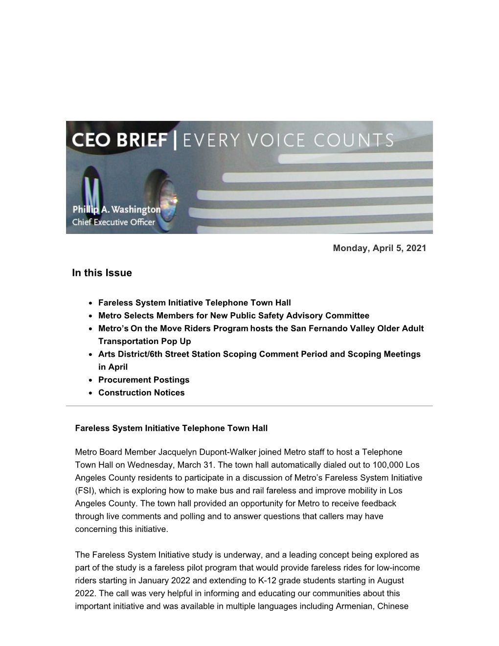 Every Voice Counts: Fareless System Initiative Telephone Town Hall