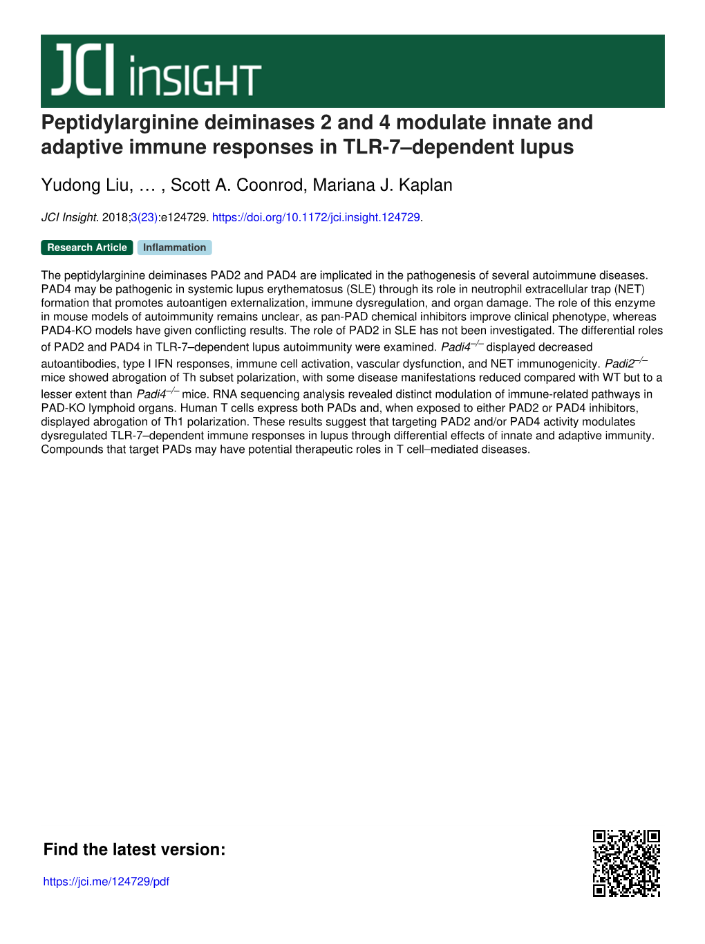 Peptidylarginine Deiminases 2 and 4 Modulate Innate and Adaptive Immune Responses in TLR-7–Dependent Lupus