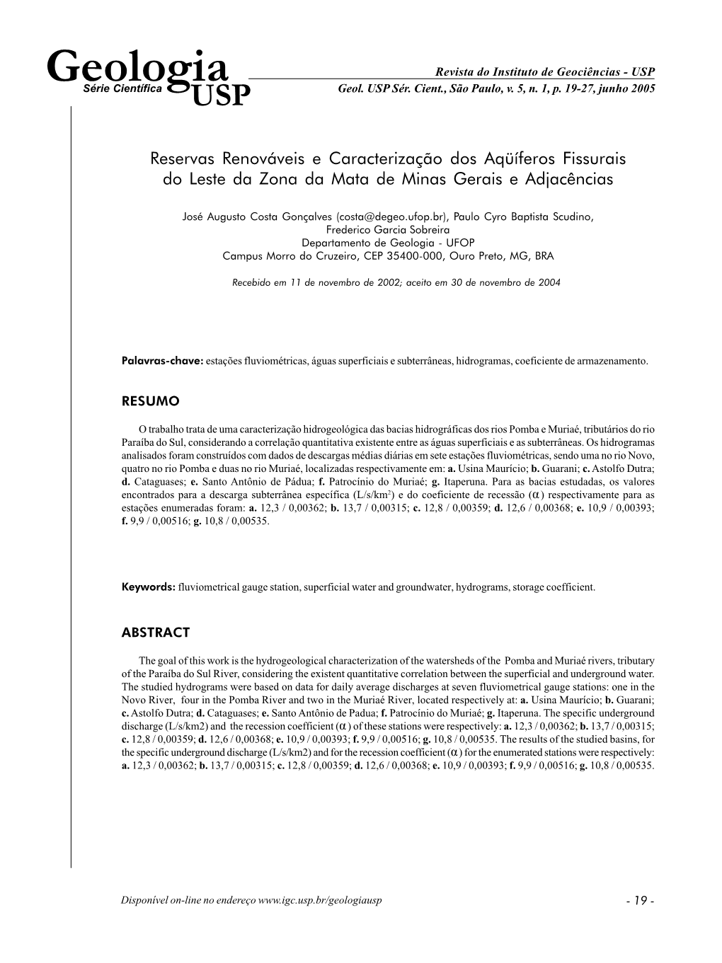 Geologia Revista Do Instituto De Geociências - USP Série Científica USP Geol