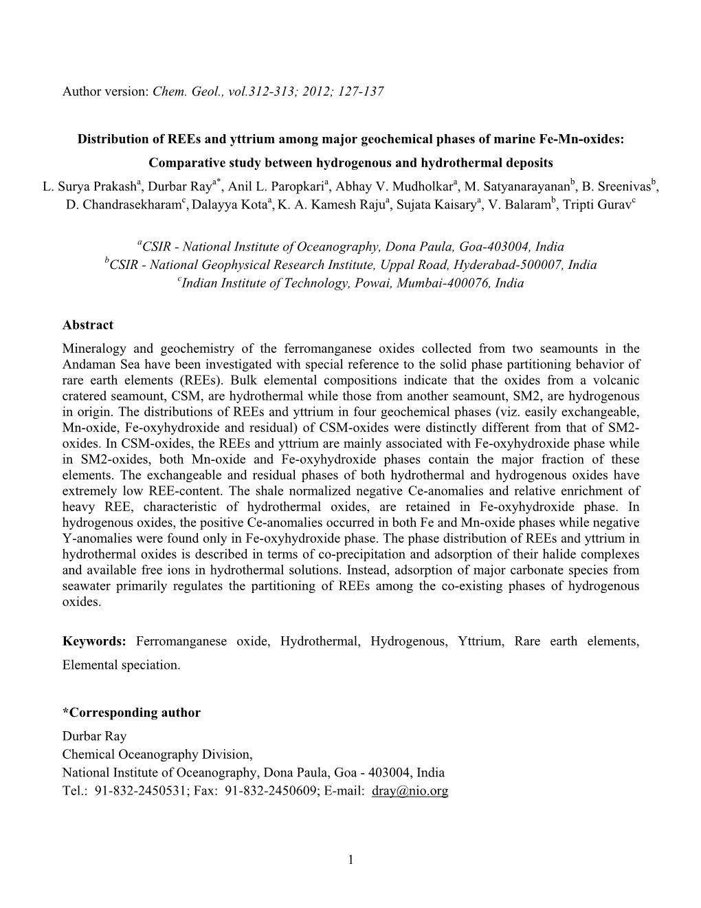 127-137 Distribution of Rees and Yttrium Among Major Geochemical