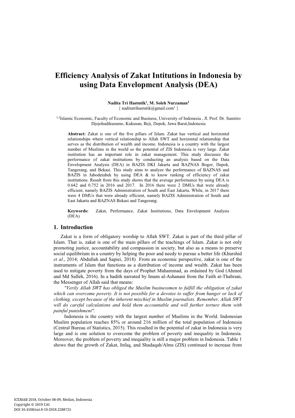 Efficiency Analysis of Zakat Intitutions in Indonesia by Using Data Envelopment Analysis (DEA)
