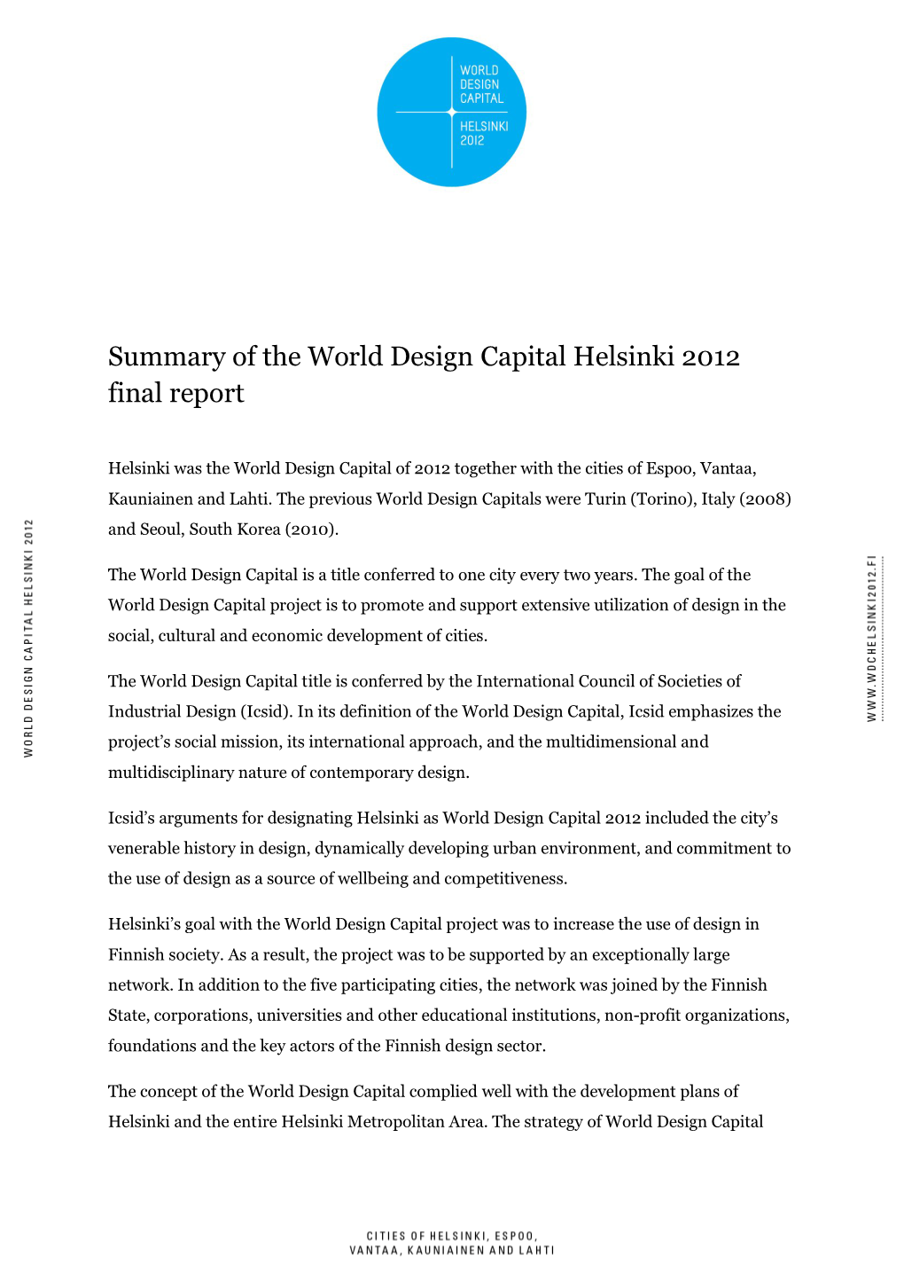 Summary of the World Design Capital Helsinki 2012 Final Report