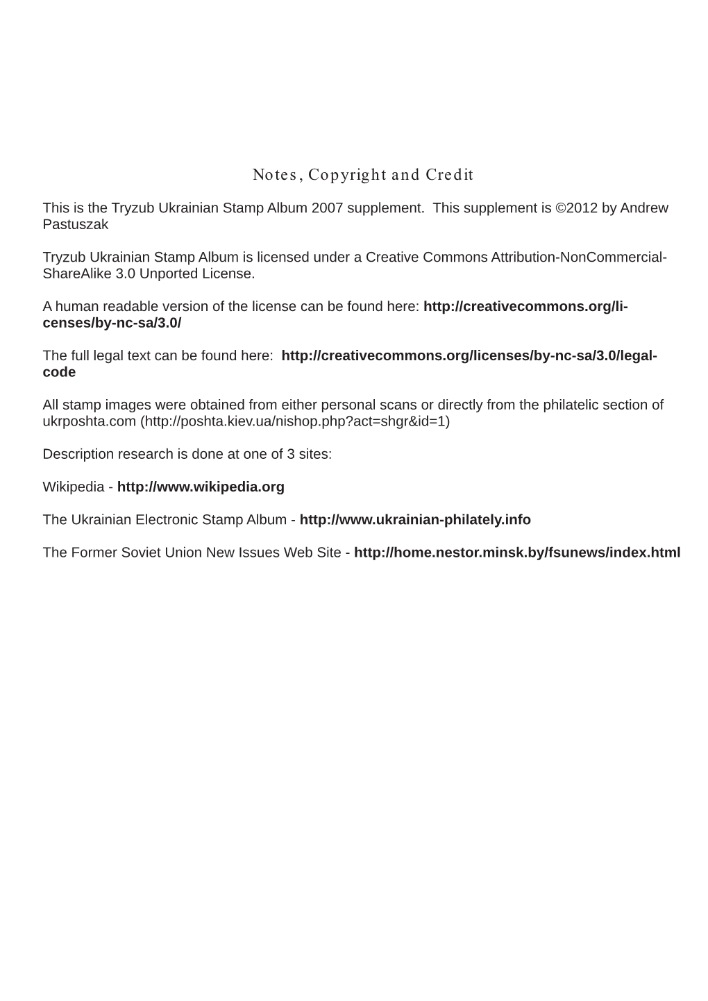 Notes, Copyright and Credit