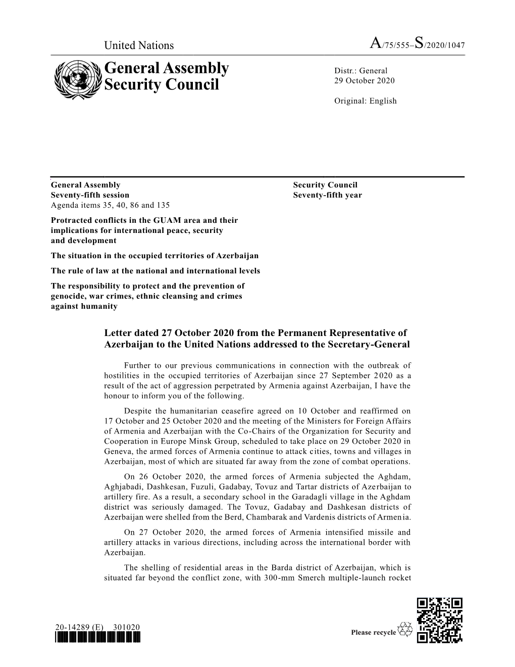 Letter Dated 27 October 2020 from the Permanent Representative of Azerbaijan to the United Nations Addressed to the Secretary-General