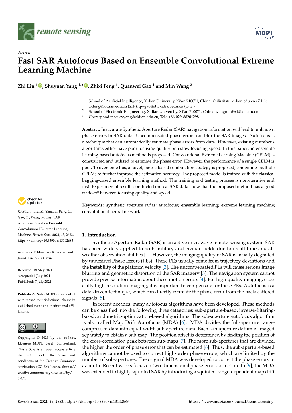 Fast SAR Autofocus Based on Ensemble Convolutional Extreme Learning Machine