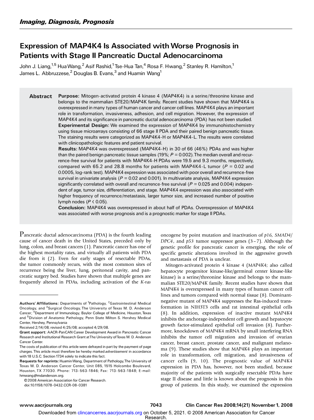 Expression of MAP4K4 Is Associated with Worse Prognosis in Patients with Stage II Pancreatic Ductal Adenocarcinoma John J