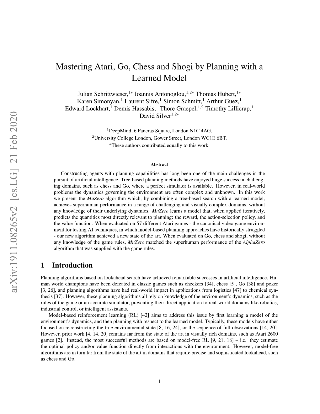 Mastering Atari, Go, Chess and Shogi by Planning with a Learned Model