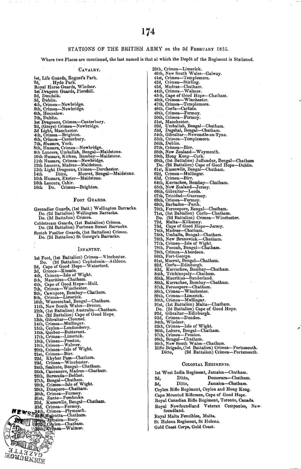 STATIONS of the BRITISH ARMY on the 3D FEBRUARY 1855. Where Two Places Are Mentioned, the Last Named Is That at Which the Depst of the Regiment Is Stationed