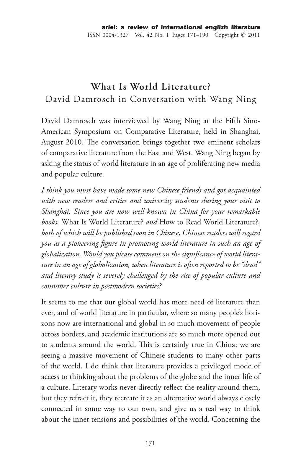 What Is World Literature? David Damrosch in Conversation with Wang Ning