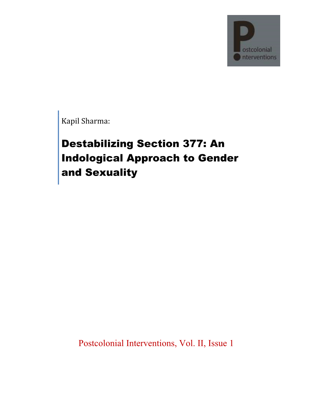 Destabilizing Section 377: an Indological Approach to Gender and Sexuality