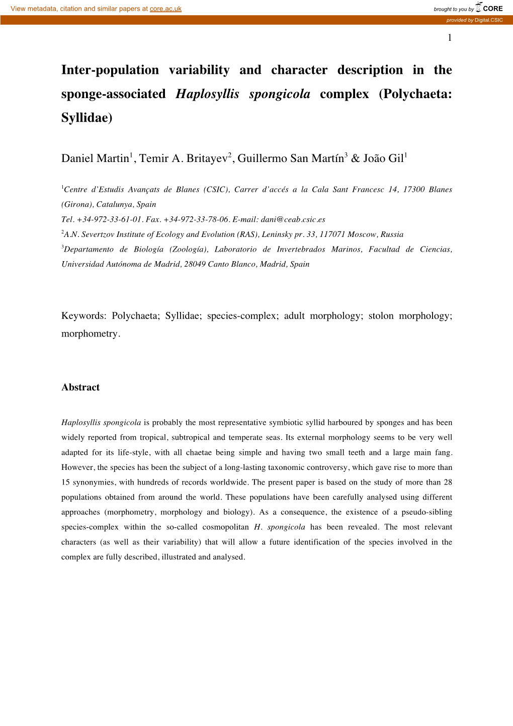 Inter-Population Variability and Character Description in the Sponge-Associated Haplosyllis Spongicola Complex (Polychaeta: Syllidae)