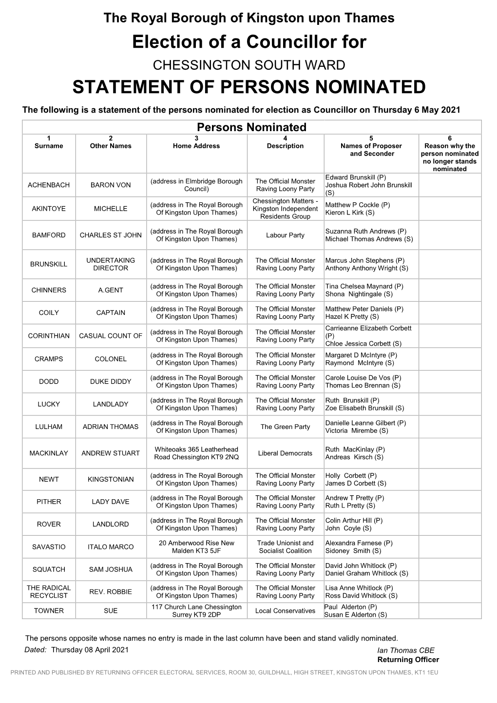 Election of a Councillor for STATEMENT OF