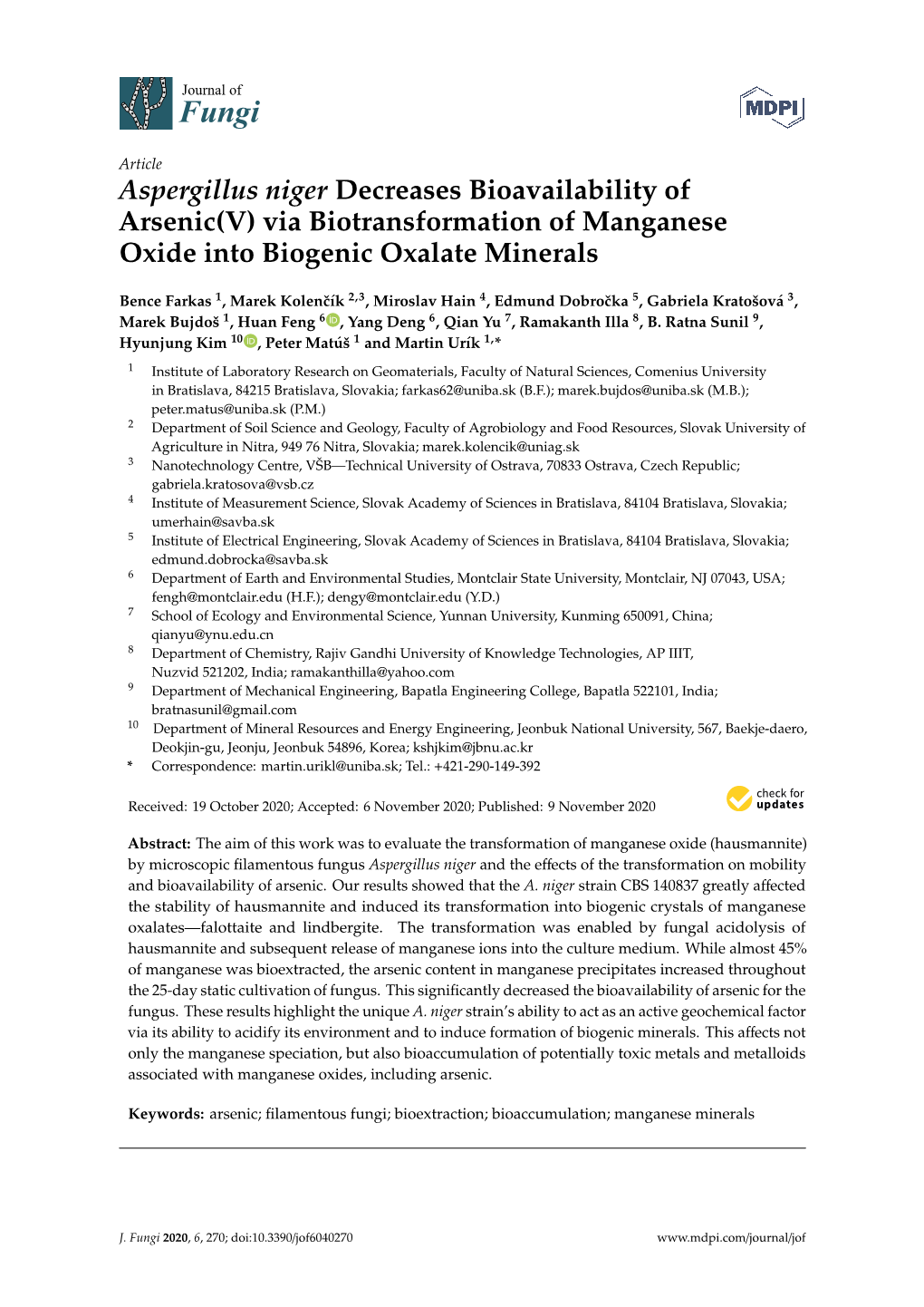Aspergillus Niger Decreases Bioavailability of Arsenic(V) Via Biotransformation of Manganese Oxide Into Biogenic Oxalate Minerals