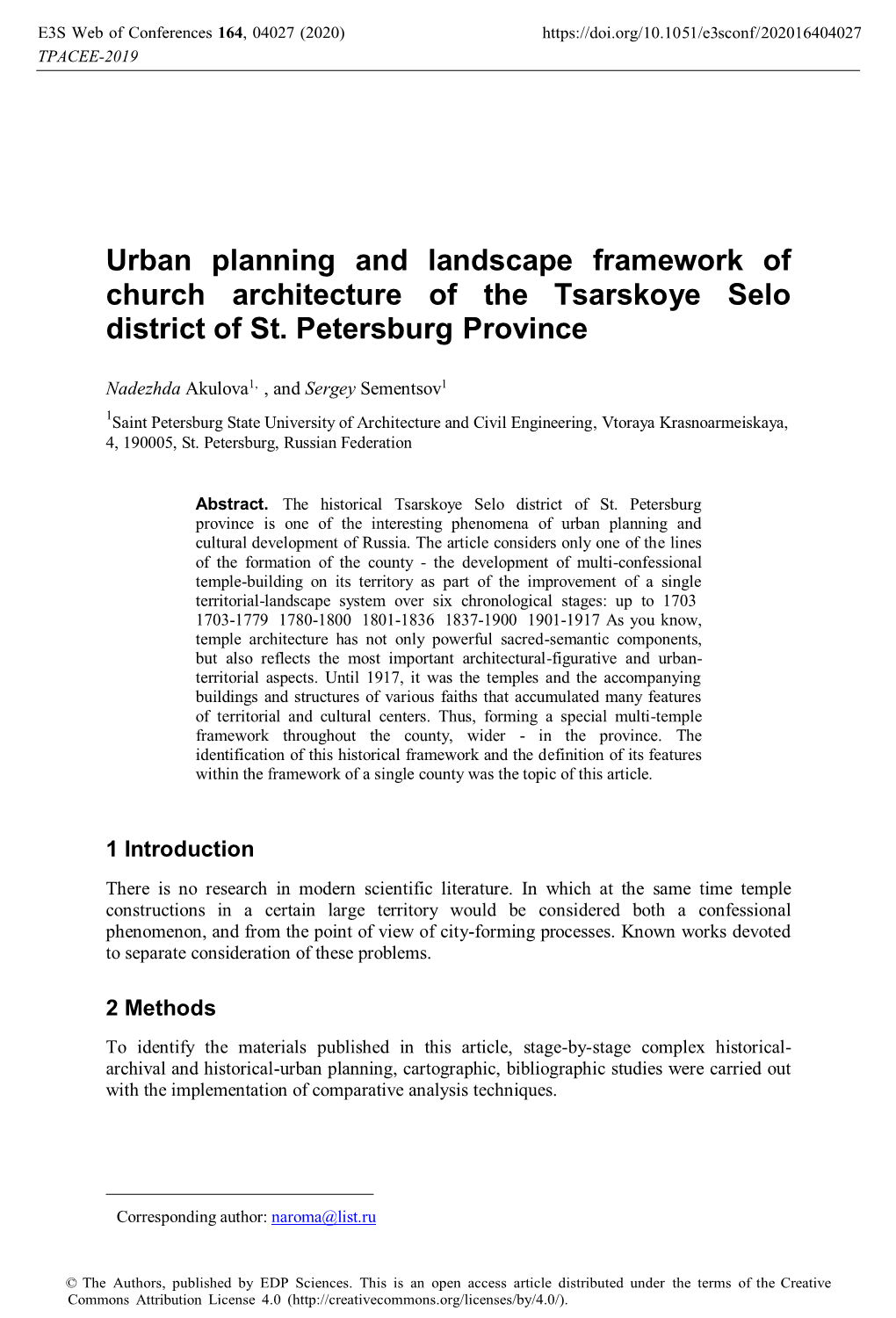 Urban Planning and Landscape Framework of Church Architecture of the Tsarskoye Selo District of St