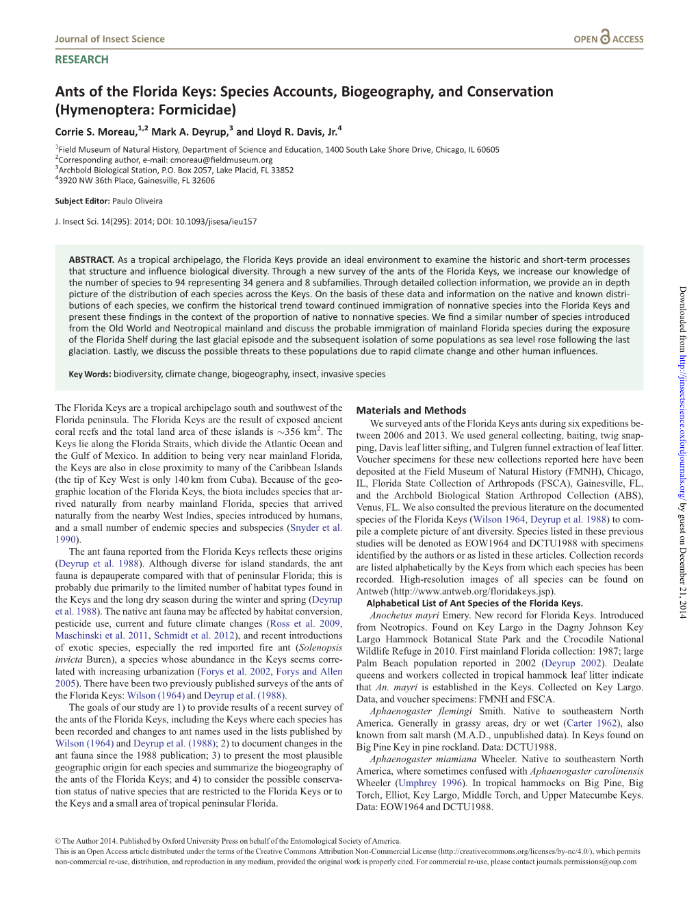 Ants of the Florida Keys: Species Accounts, Biogeography, and Conservation (Hymenoptera: Formicidae) Corrie S