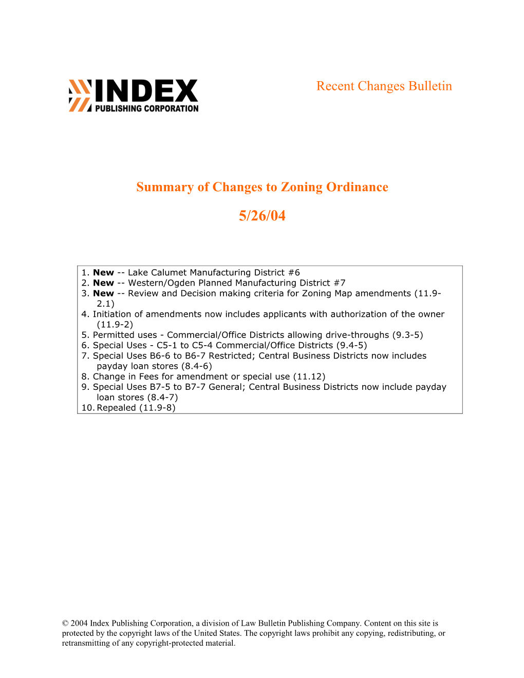 Summary of Changes to Zoning Ordinance