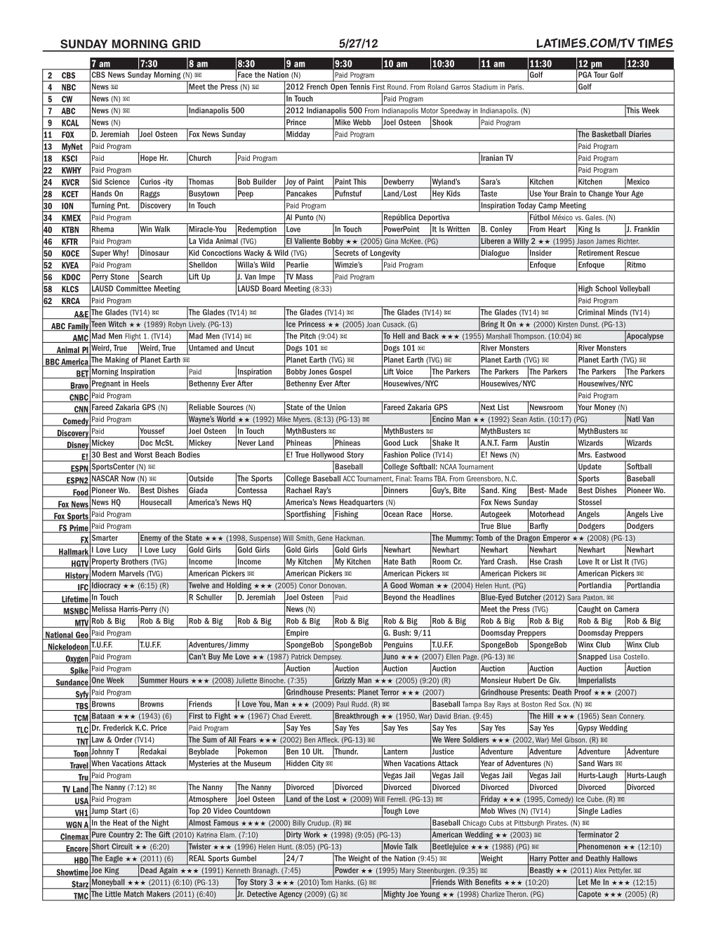 Sunday Morning Grid 5/27/12 Latimes.Com/Tv Times